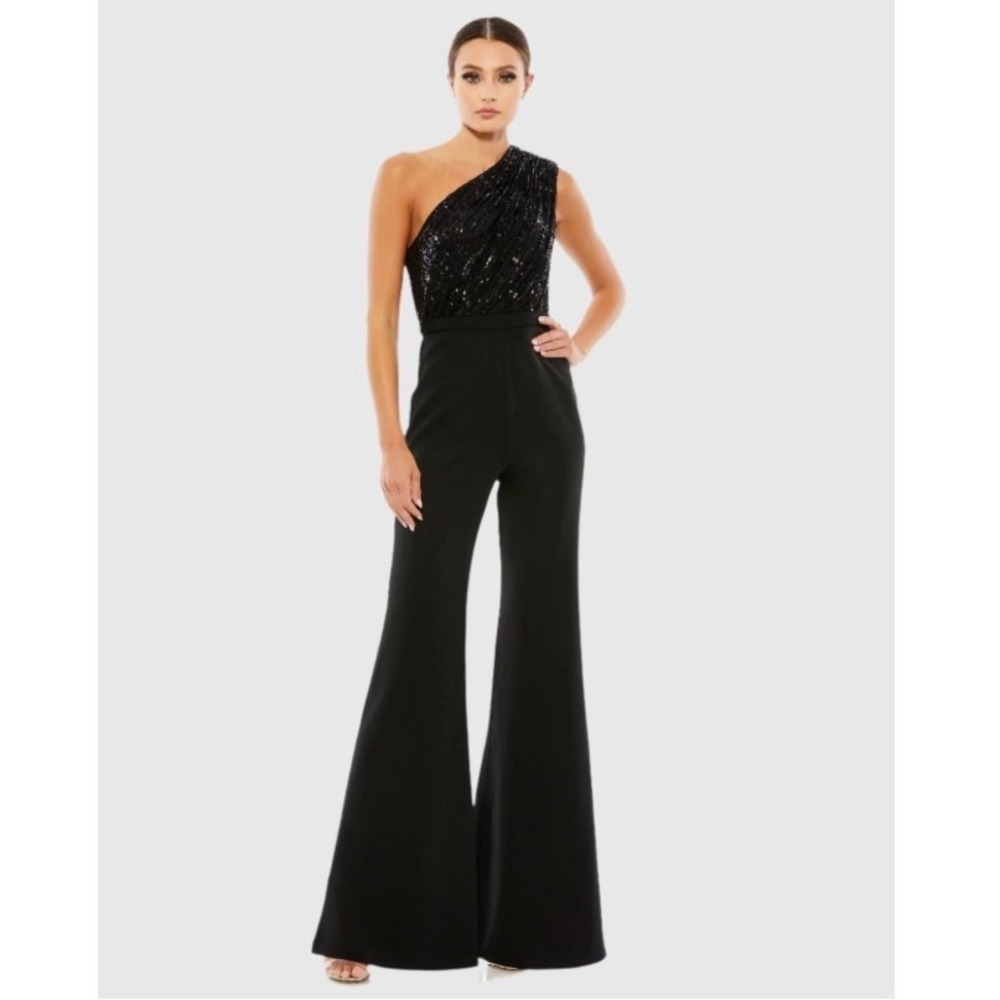 Ieena for Mac Duggal Black One Shoulder Sequin Wide Leg Jumpsuit 25962 Size 2
